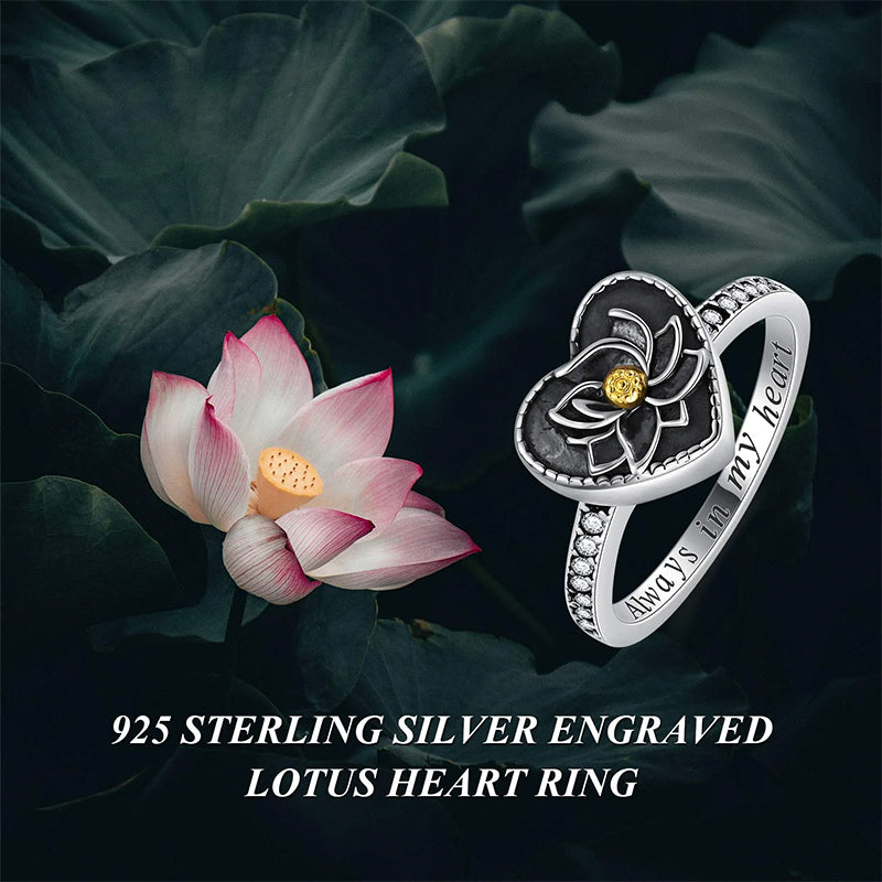 Sterling Silver Heart Lotus Flower Urn Ring for Ashes Engraved with Always in My Heart