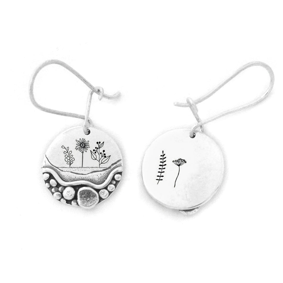 Sterling Silver Trail Mini Forest Pebble Wildflower Dangle Earrings