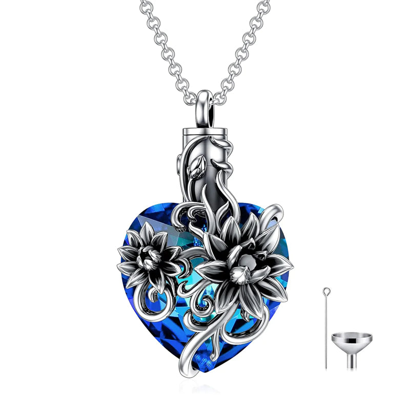 Sterling Silver Crystal Lotus Sunflower Urn Necklace for Ashes