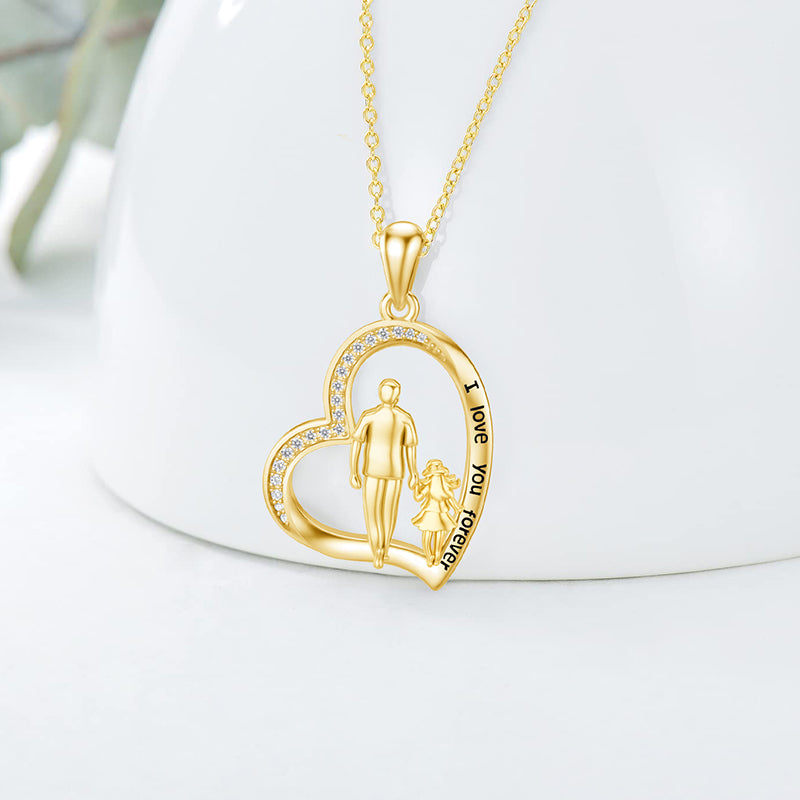 10K 14K 18K Gold Father Daughter Heart Pendant Necklace For Gift