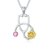 925 Sterling Silver Stethoscope Necklace with Sunflower Birthstone Necklace for Women Medical Doctor Nurse Jewelry Gift