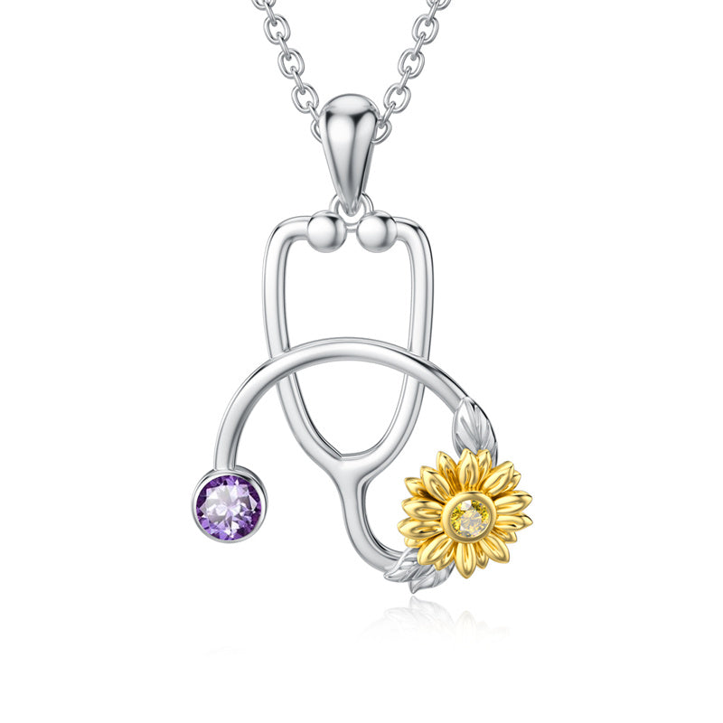 925 Sterling Silver Stethoscope Necklace with Sunflower Birthstone Necklace for Women Medical Doctor Nurse Jewelry Gift