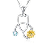 925 Sterling Silver Stethoscope Necklace with Sunflower Birthstone Necklace for Women Medical Doctor Nurse Jewelry Gift