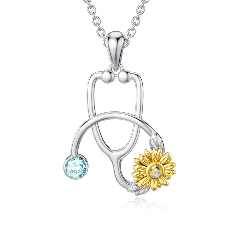 925 Sterling Silver Stethoscope Necklace with Sunflower Birthstone Necklace for Women Medical Doctor Nurse Jewelry Gift