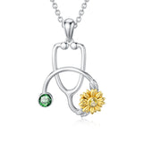 925 Sterling Silver Stethoscope Necklace with Sunflower Birthstone Necklace for Women Medical Doctor Nurse Jewelry Gift