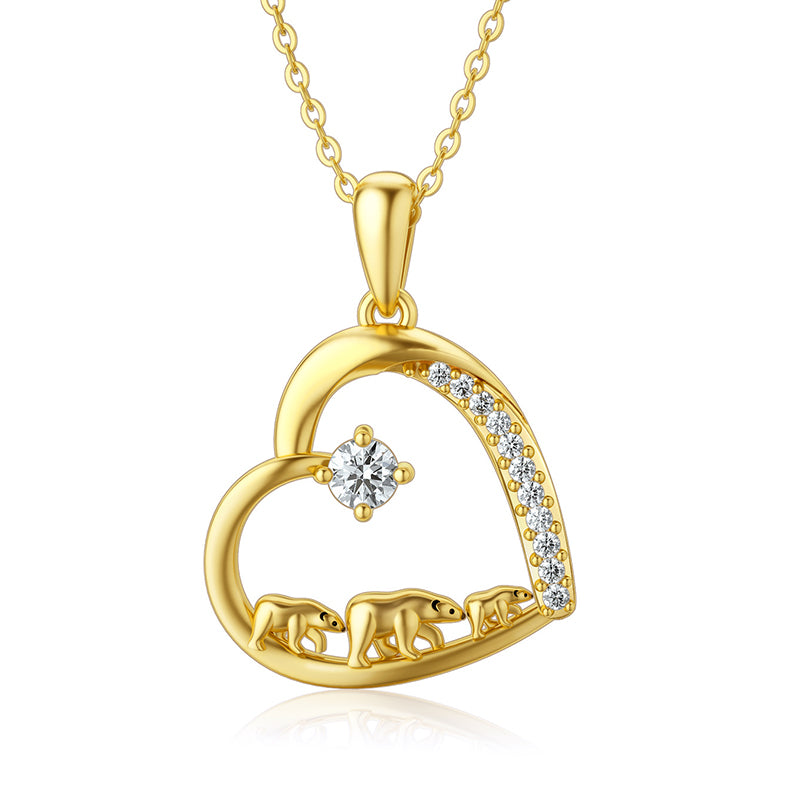 14k Solid Gold Moissanite Love Heart Mama Bear Pendant Necklace
