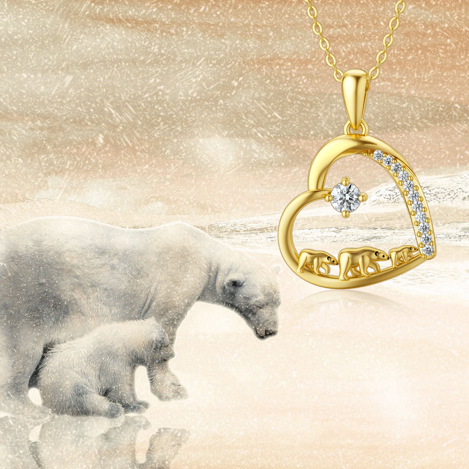 14k Solid Gold Moissanite Love Heart Mama Bear Pendant Necklace