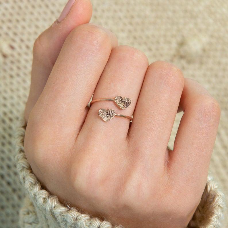 Sterling Silver Double Heart Personalized Fingerprint Ring