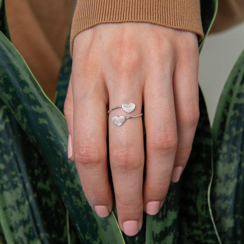 Sterling Silver Double Heart Personalized Fingerprint Ring