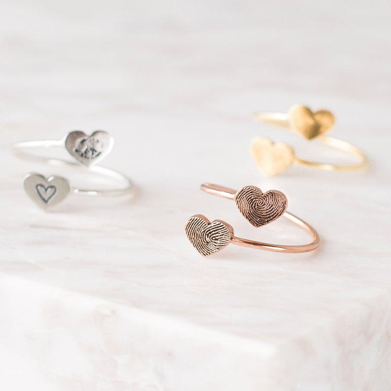 Sterling Silver Double Heart Personalized Fingerprint Ring