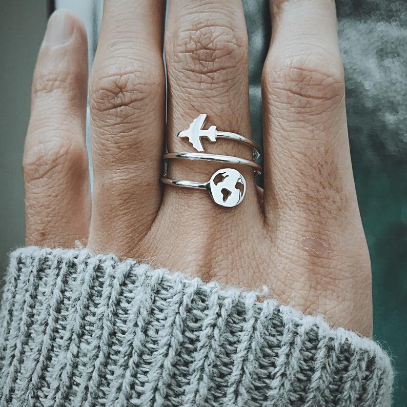 Sterling Silver World Map with Airplane Adjustable Ring