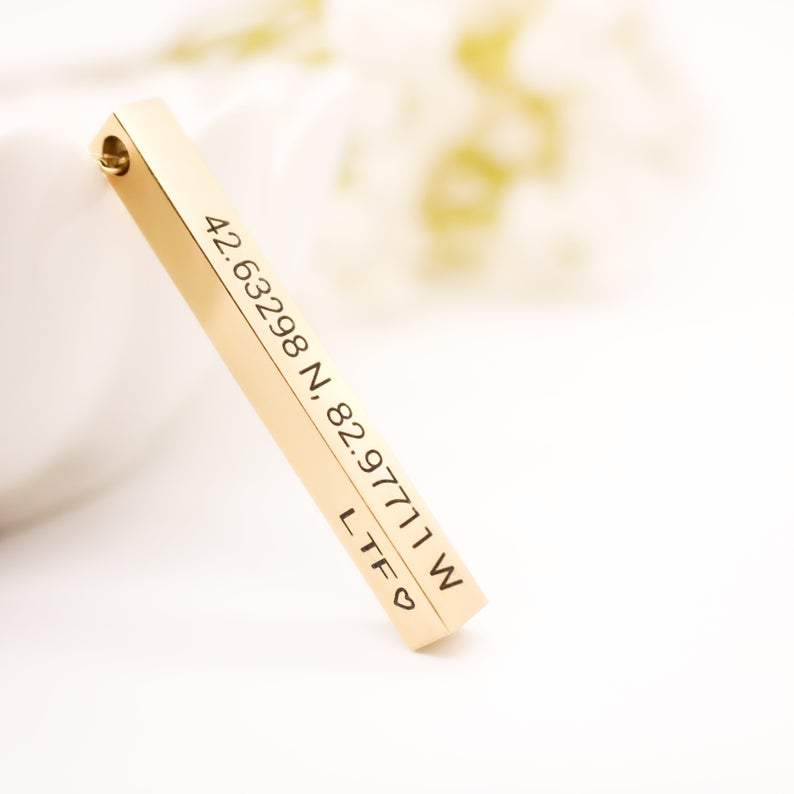 Sterling Silver Personalized 2 Sided Engraved Vertical Bar Pendant Necklace