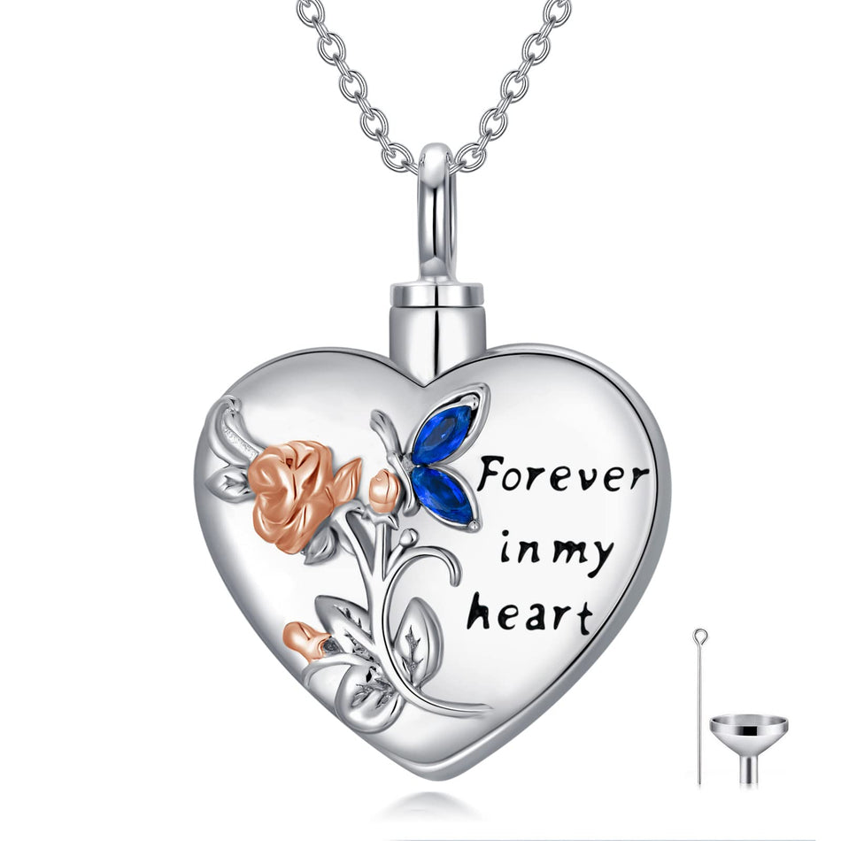 Sterling Silver Heart Rose Butterfly Urn Necklace for Ashes With Engraved
