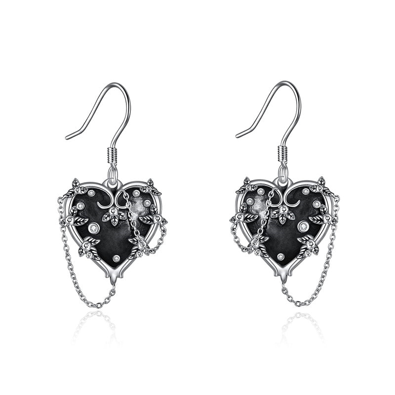 Sterling Silver Heart Gothic Witches Dangle Earrings