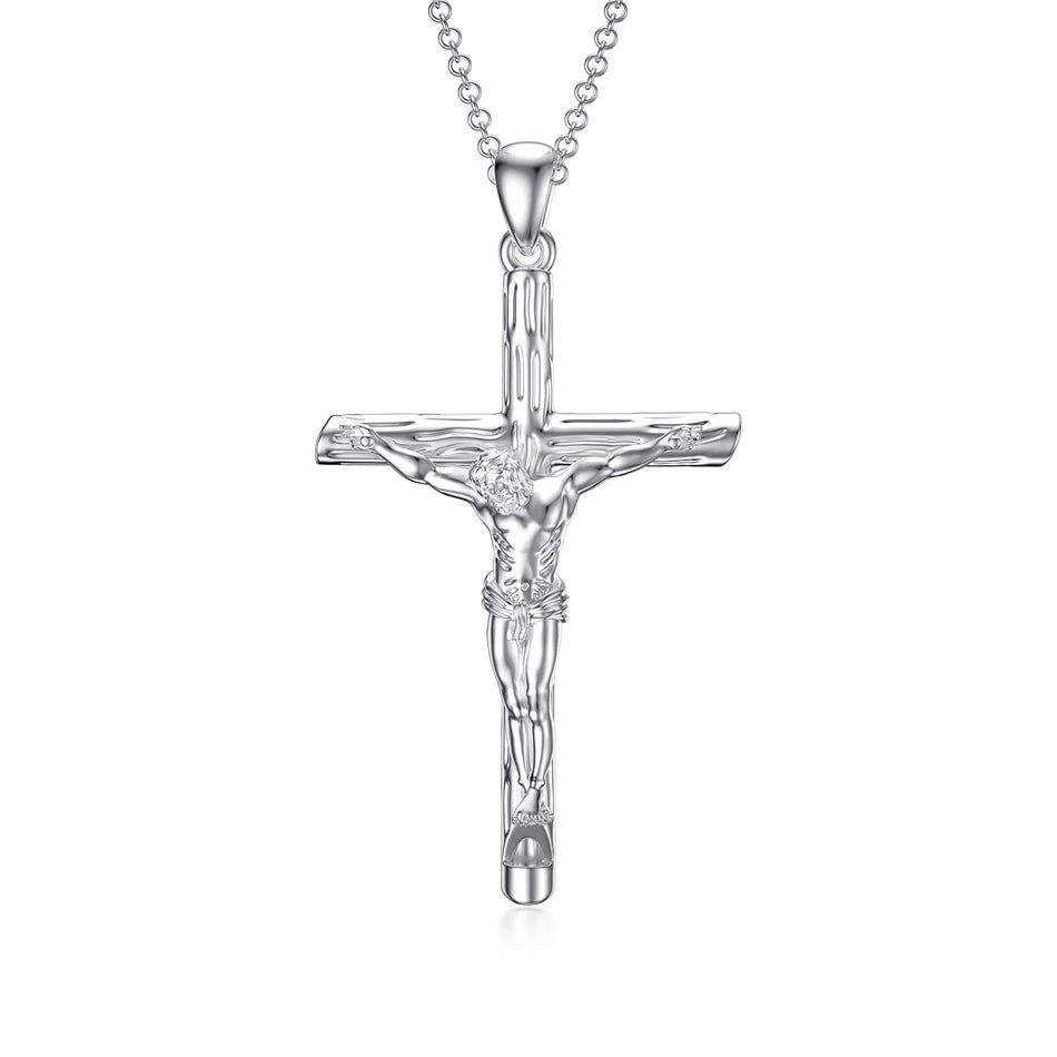Sterling Silver Jesus Christ Crucifix Large Cross Religious Pendant Necklace