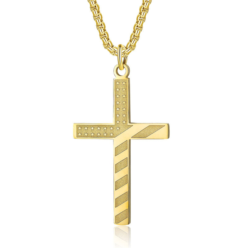 Stainless Steel American Flag Cross Pendant Necklace for Men