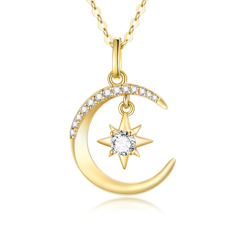 14k Gold Moon and North Star Pendant Necklace