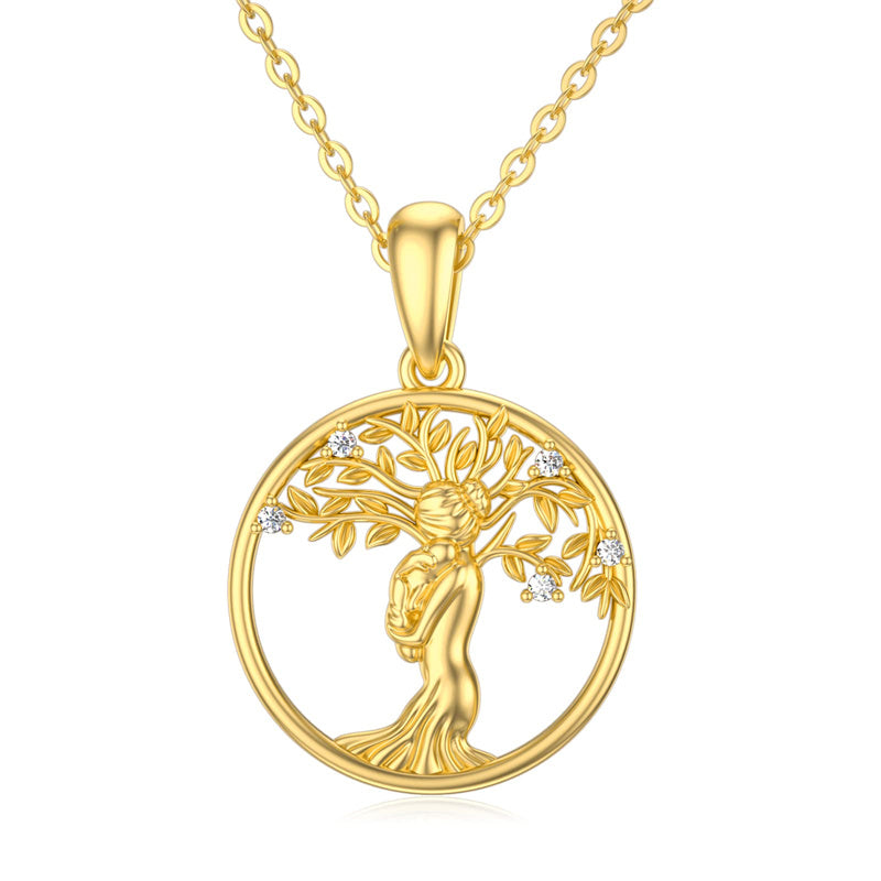 14K Gold Moissanite Mother Child & Tree of Life Pendant Necklace