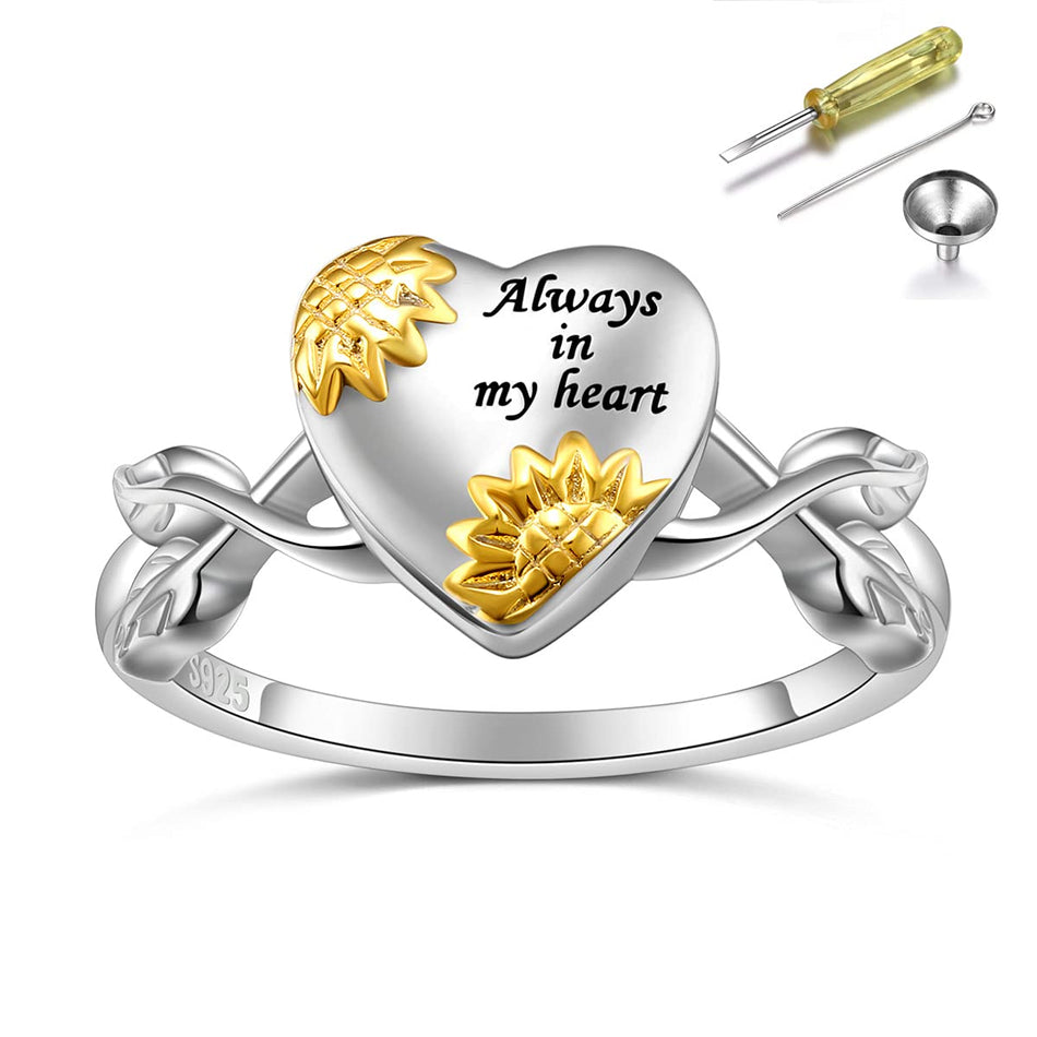 Sterling Silver Sunflower Urn Ring for Ashes Engraved With Always in My Heart