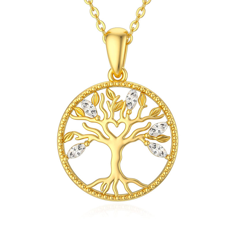 14k Gold 5A Cubic Zirconia Tree of Life & Family Pendant Necklace