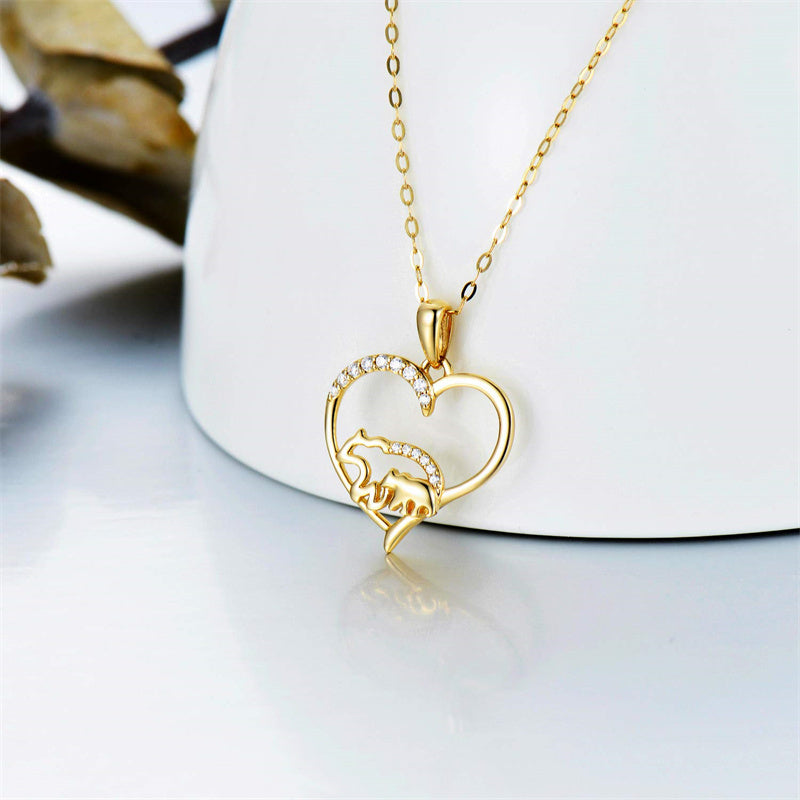 14k Solid Gold Moissanite Love Heart Mama Bear Pendant Necklace