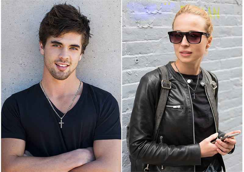 Sterling Silver Cross 5mm Stainless Steel Diamond-Cut Durable Figaro Chain Pendant Necklace