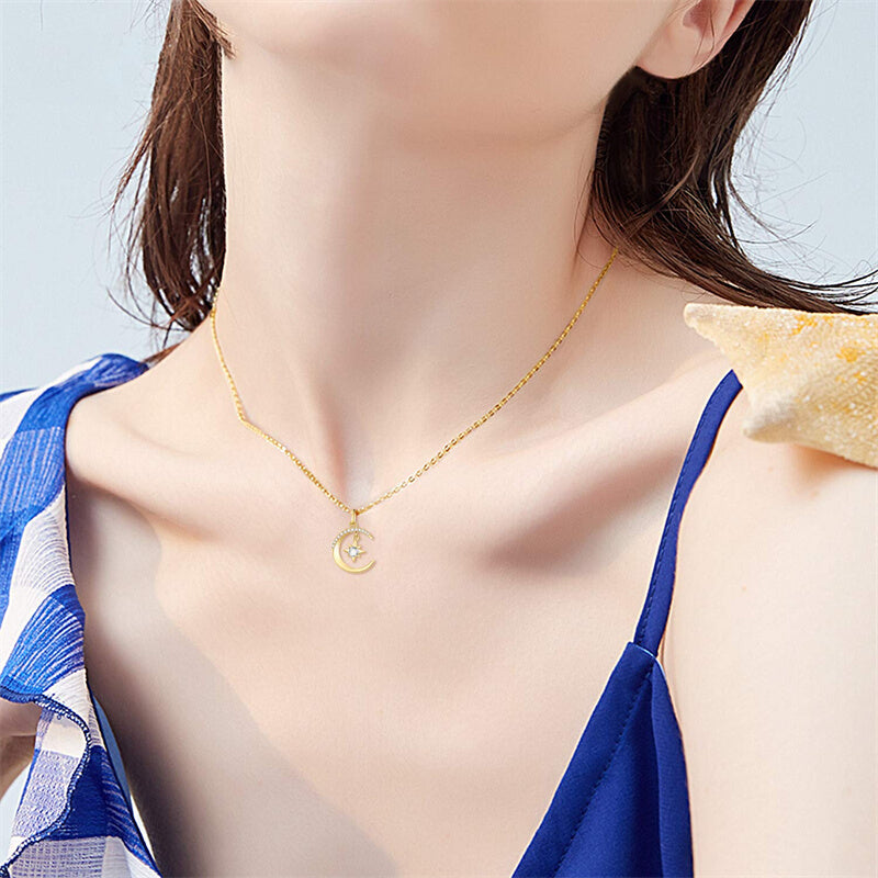 14k Gold Moon and North Star Pendant Necklace