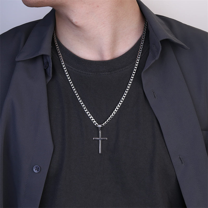Sterling Silver Cross Pendent for Men With Stainless Steel Cuban Link Pendant Necklace
