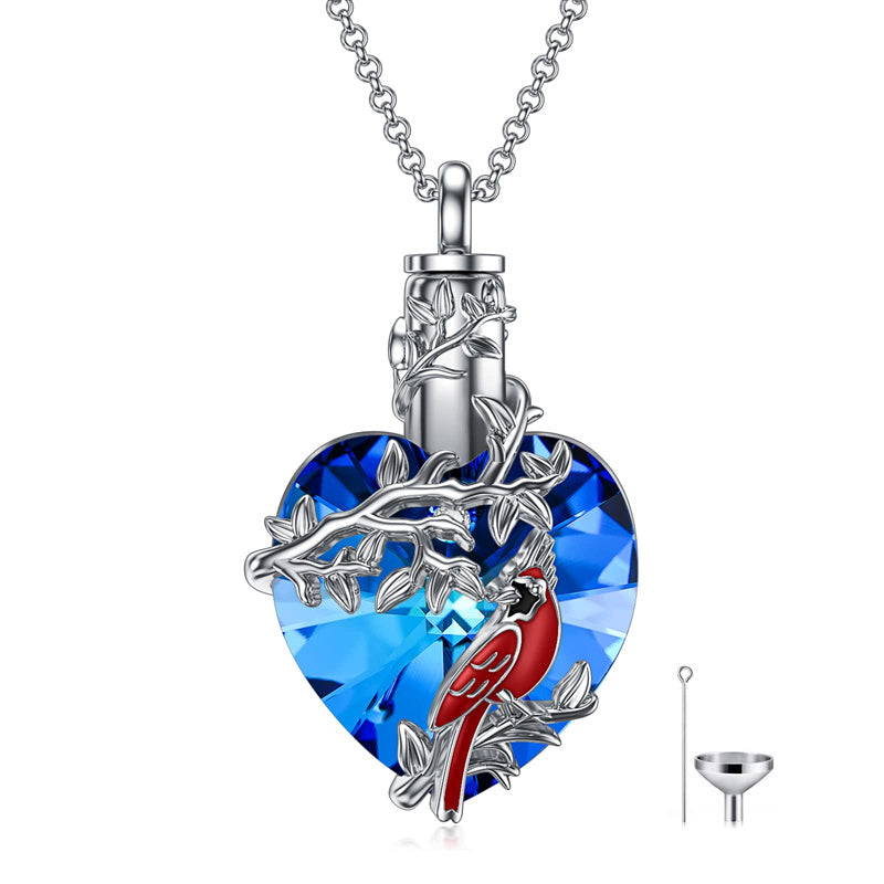 Sterling Silver Heart Crystal Red Cardinal Urn Necklace for Ashes