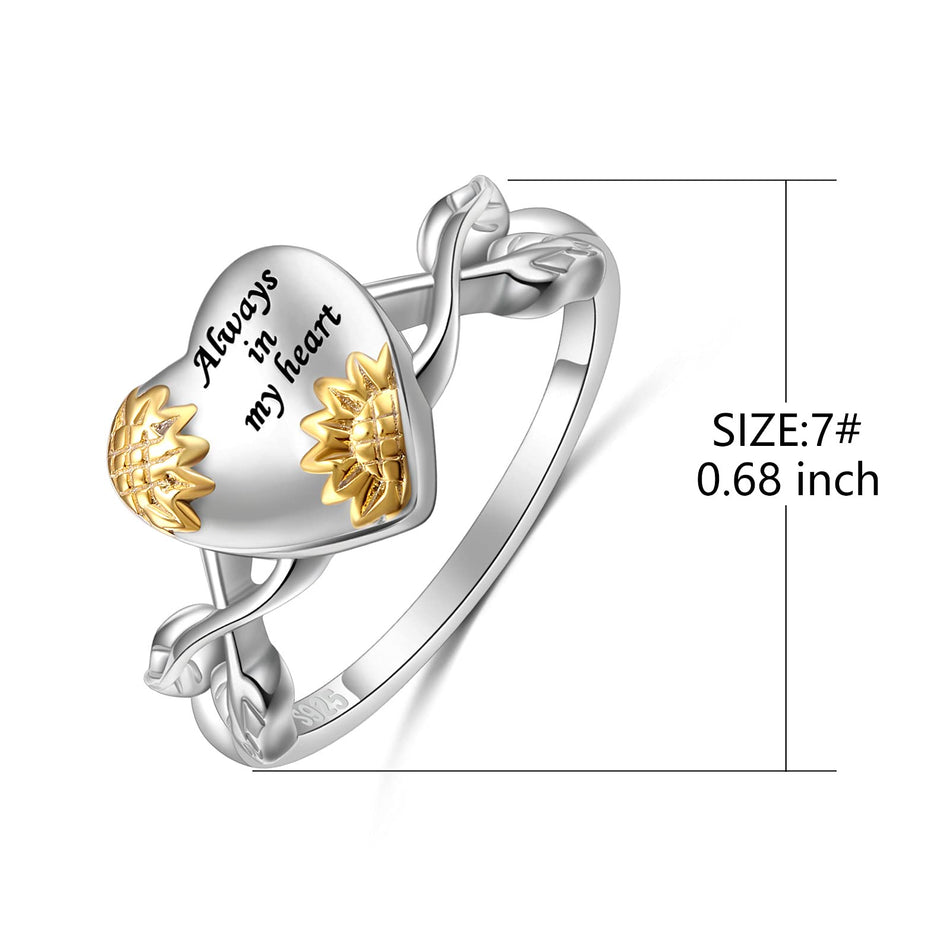Sterling Silver Sunflower Urn Ring for Ashes Engraved With Always in My Heart
