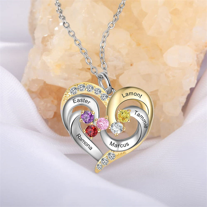 Sterling Silver Personalized Name Birthstones Heart Pendant Necklace