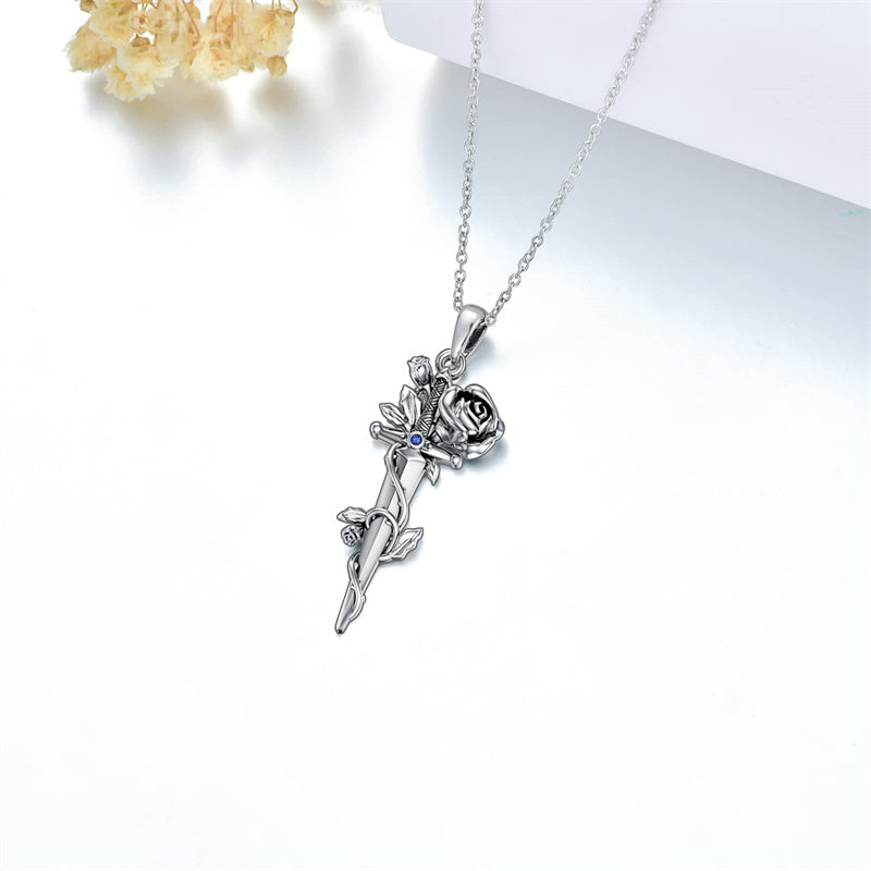 Sterling Silver Rose Sword Pendant Necklace