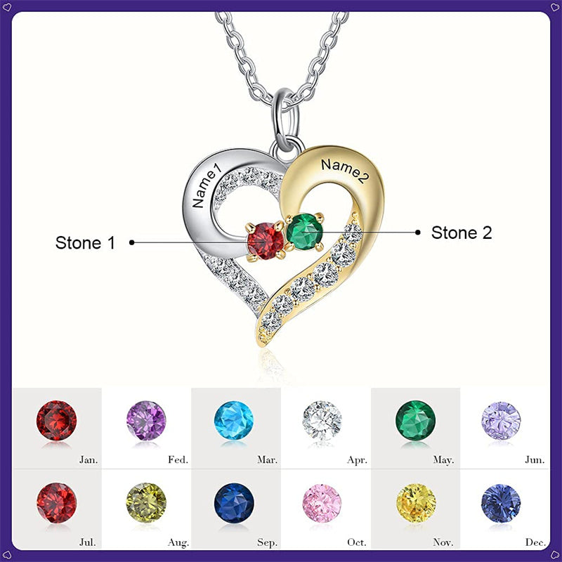 Sterling Silver Personalized Name Birthstones Heart Pendant Necklace