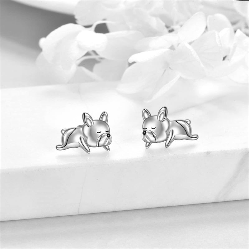Sterling Silver French Bulldo Stud Earrings