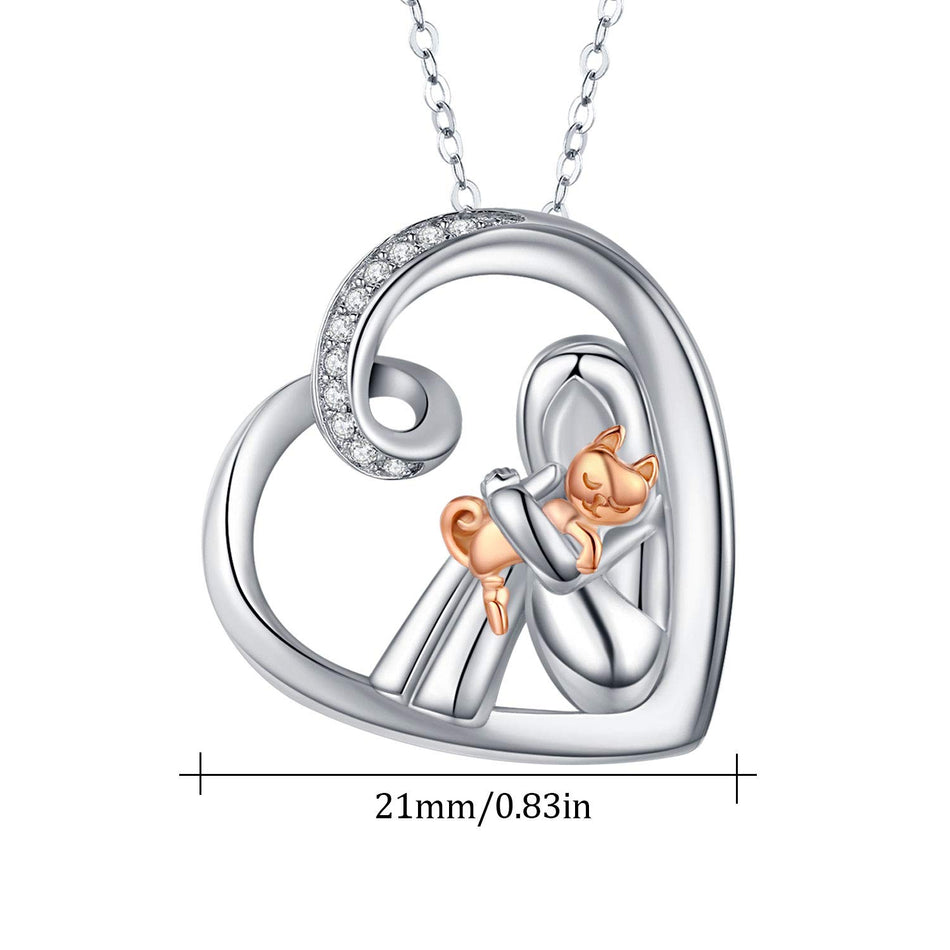 Sterling Silver Cat with Girl Heart Pendant Necklace