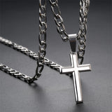 Sterling Silver Cross 5mm Stainless Steel Diamond-Cut Durable Figaro Chain Pendant Necklace
