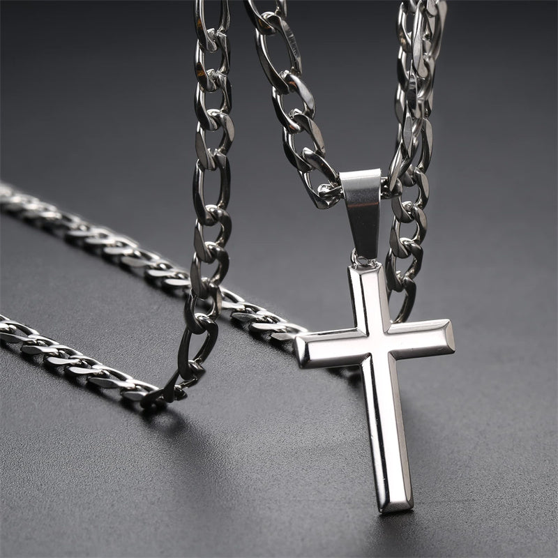 Sterling Silver Cross 5mm Stainless Steel Diamond-Cut Durable Figaro Chain Pendant Necklace