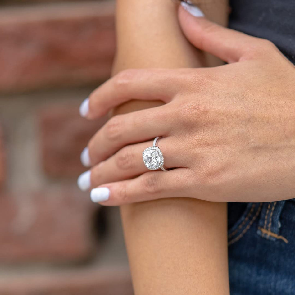 10K White Gold Moissanite Cushion Cut Halo Engagement Rings