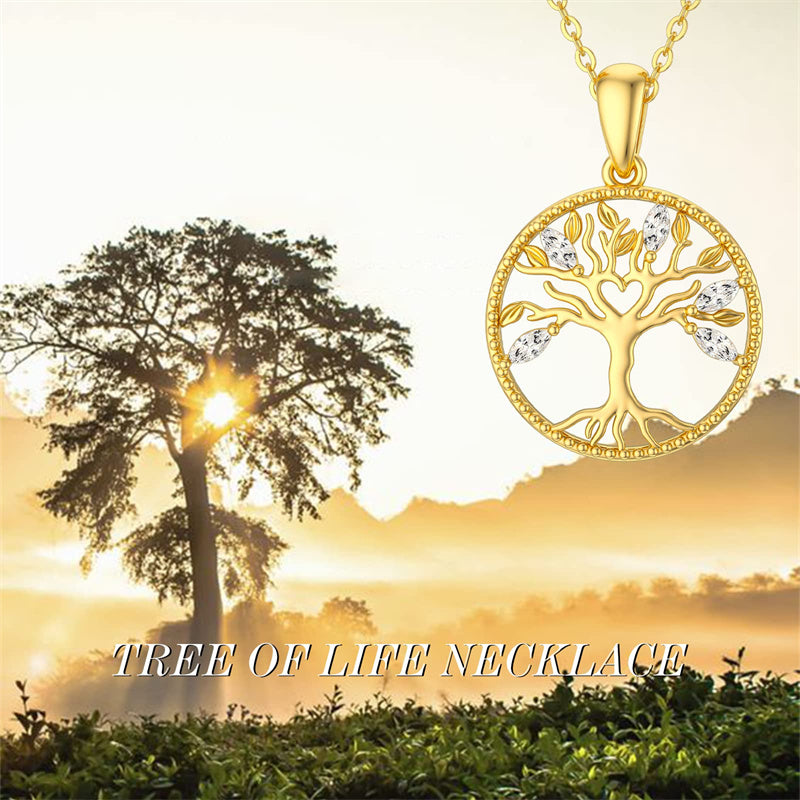 14k Gold 5A Cubic Zirconia Tree of Life & Family Pendant Necklace