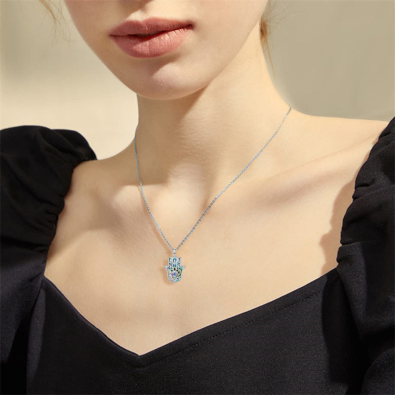 Sterling Silver Hamsa Fatim Blue Eye Pendant  Necklace