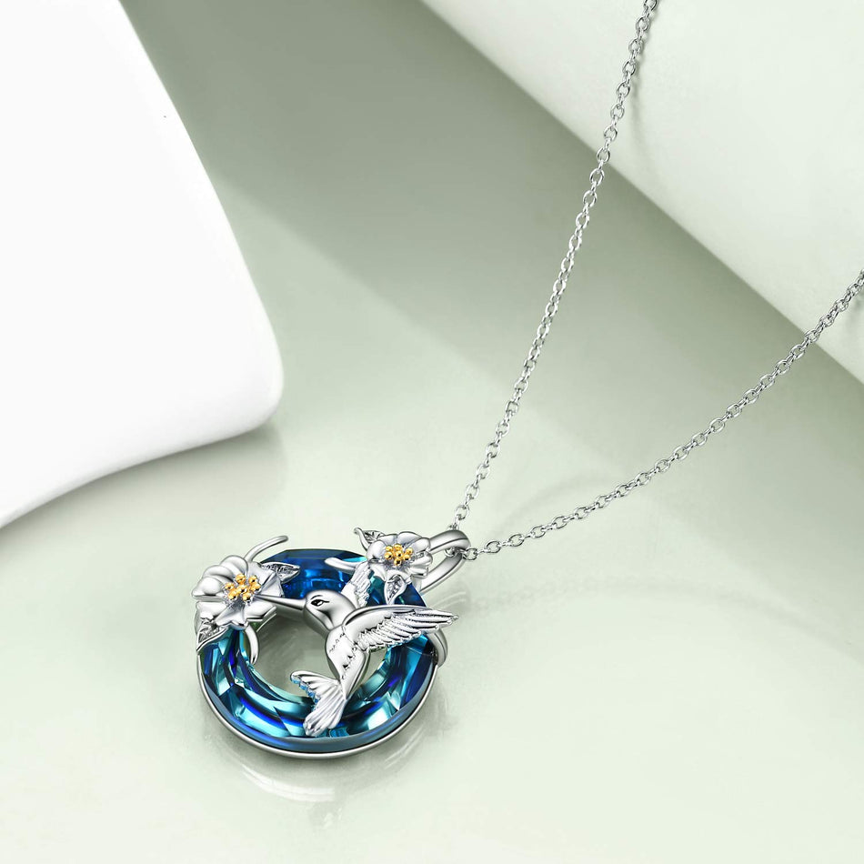 Sterling Silver Blue Crystal Hummingbird Pendant Necklace