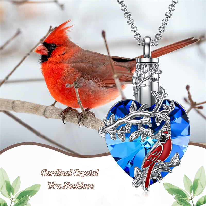 Sterling Silver Heart Crystal Red Cardinal Urn Necklace for Ashes