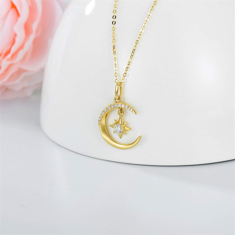 14k Gold Moon and North Star Pendant Necklace