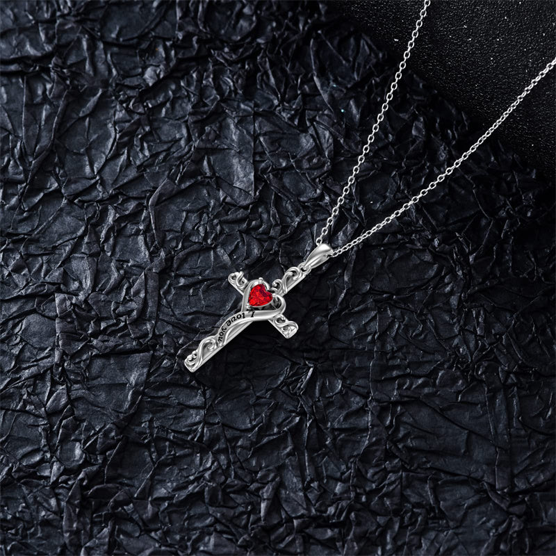 Sterling Silver Birthstone Cross Pendant Necklace Engraved With  Love You