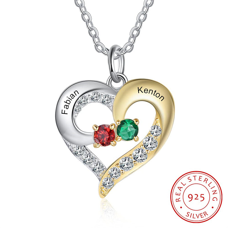 Sterling Silver Personalized Name Birthstones Heart Pendant Necklace