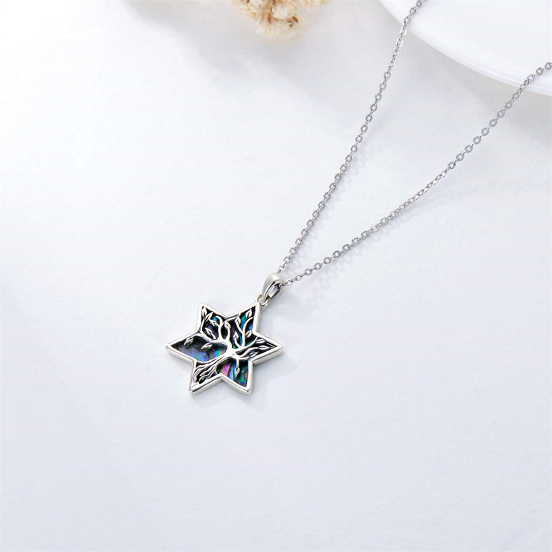 Sterling Silver Black Onyx Abalone Shell Celtic Knot Tree of Life Pendant Necklace