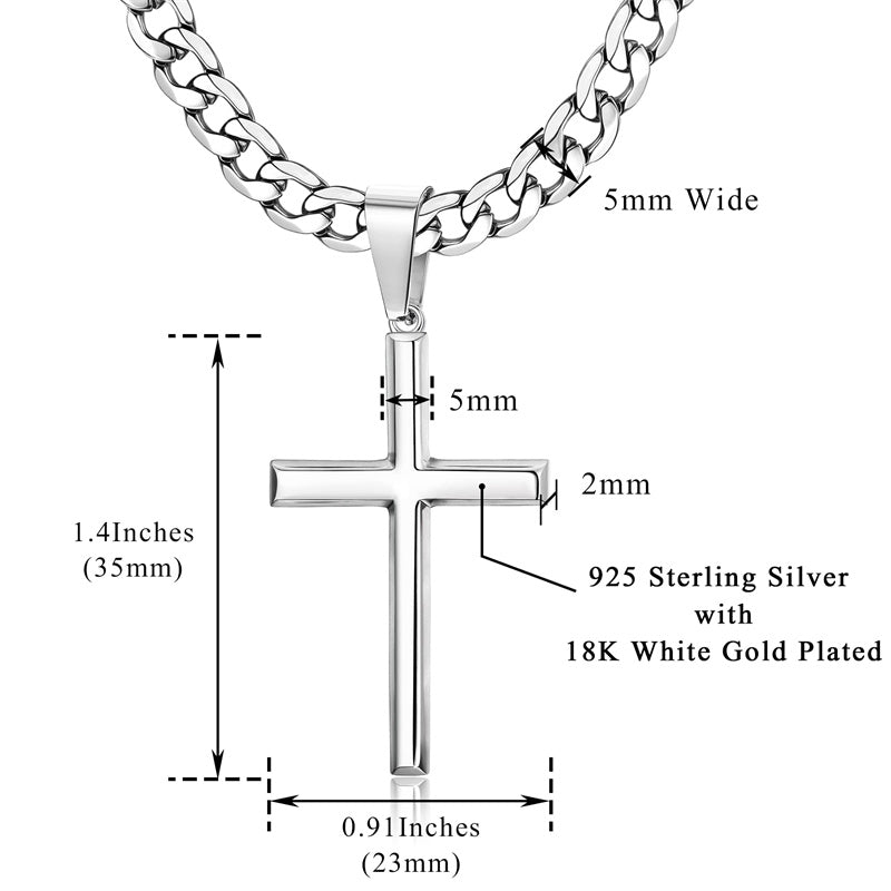 Sterling Silver Cross Pendent for Men With Stainless Steel Cuban Link Pendant Necklace