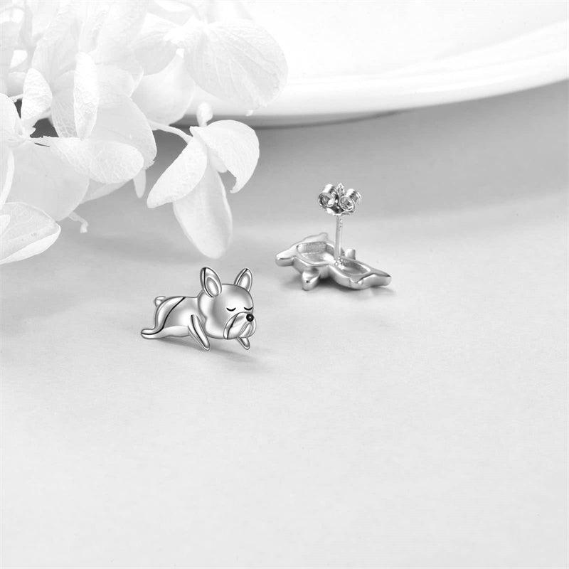 Sterling Silver French Bulldo Stud Earrings