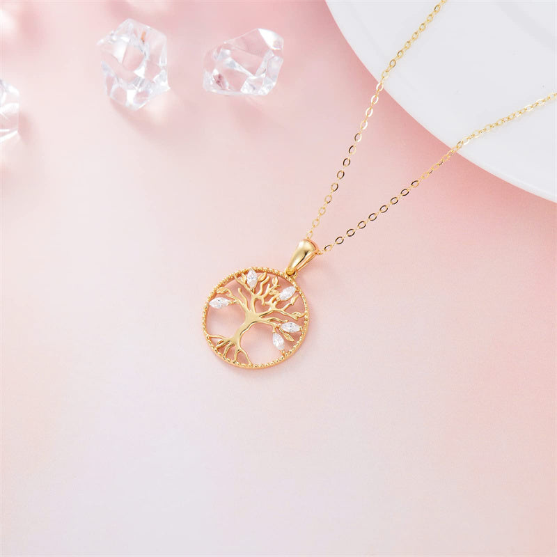 14k Gold 5A Cubic Zirconia Tree of Life & Family Pendant Necklace