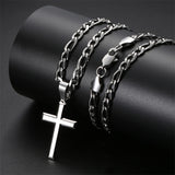 Sterling Silver Cross 5mm Stainless Steel Diamond-Cut Durable Figaro Chain Pendant Necklace